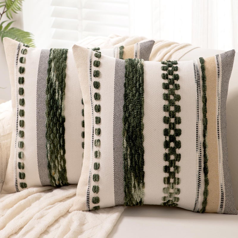 WANLIRD Boho Throw Pillow Covers 18x18 Set of 2 Christmas Decorative Cushion Case Striped Square Pillows Cover Chenille Pillow Cases Accent Neutral Pillowcase for Sofa Couch Bed,Dark Green - Image 1