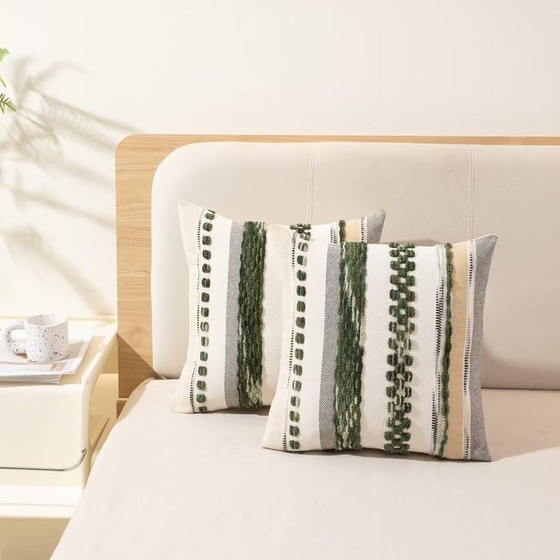 WANLIRD Boho Throw Pillow Covers 18x18 Set of 2 Christmas Decorative Cushion Case Striped Square Pillows Cover Chenille Pillow Cases Accent Neutral Pillowcase for Sofa Couch Bed,Dark Green - Image 5