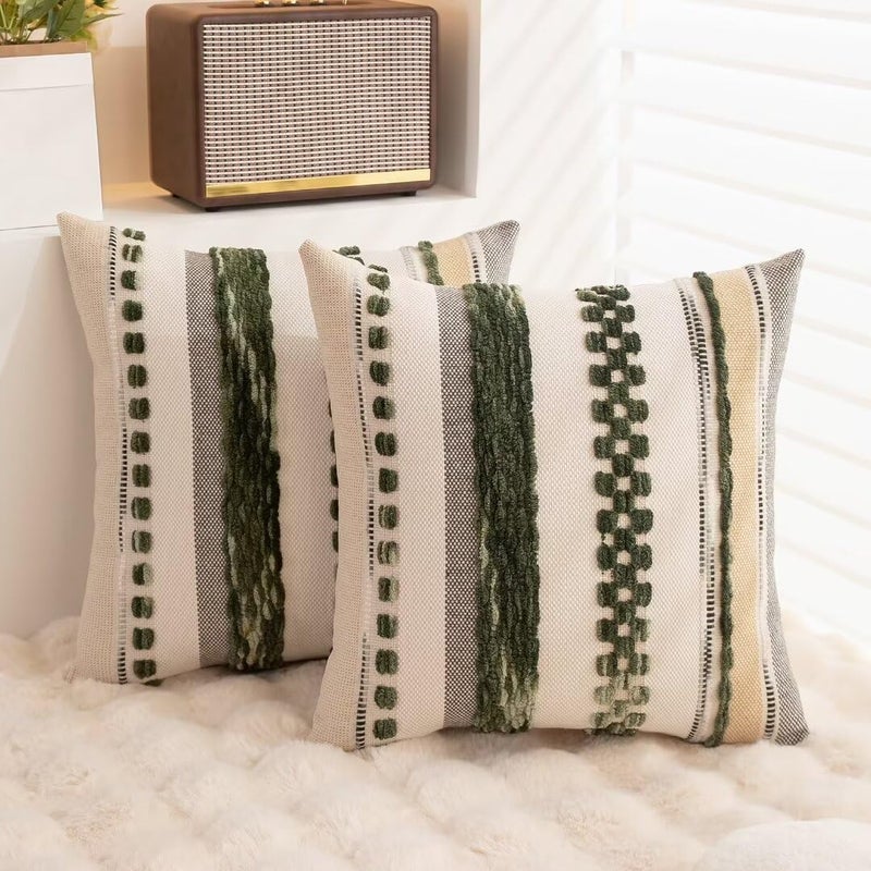 WANLIRD Boho Throw Pillow Covers 18x18 Set of 2 Christmas Decorative Cushion Case Striped Square Pillows Cover Chenille Pillow Cases Accent Neutral Pillowcase for Sofa Couch Bed,Dark Green - Image 4