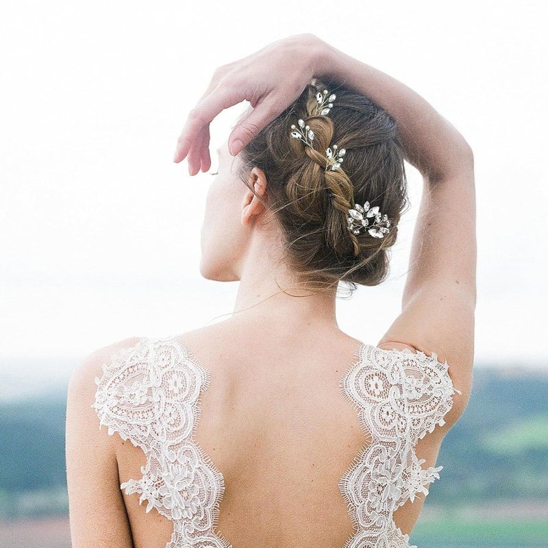 LAPOHI 5 قطع دبابيس شعر العروس مزينة بالأحجار الكريمة قطعة شعر للعروس للنساء إكسسوارات شعر كريستالية للعروس وصيفات العروس والفتيات الزهور (فضي) - Image 2