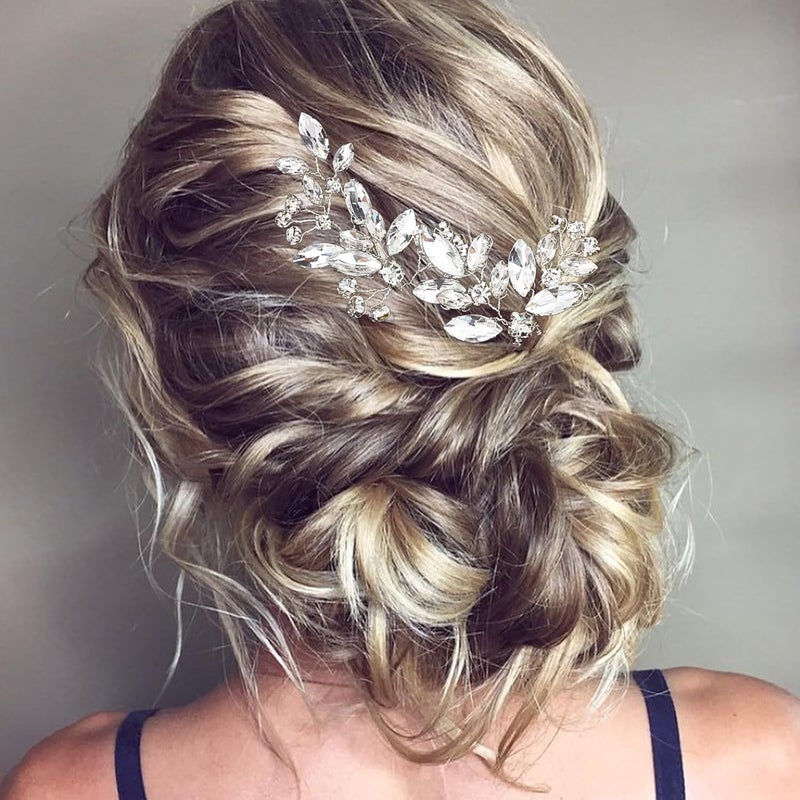 LAPOHI 5 قطع دبابيس شعر العروس مزينة بالأحجار الكريمة قطعة شعر للعروس للنساء إكسسوارات شعر كريستالية للعروس وصيفات العروس والفتيات الزهور (فضي) - Image 5