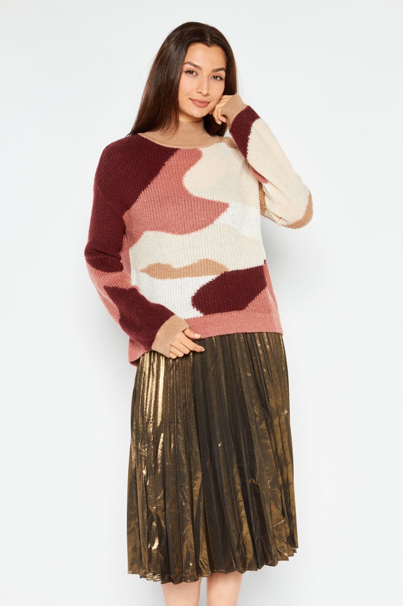 ONLY Women 2 Pcs Sweater and Metallic Skirt Set, Brown  - Image 1