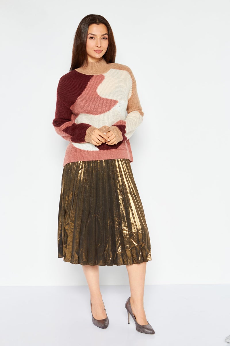 ONLY Women 2 Pcs Sweater and Metallic Skirt Set, Brown  - Image 2