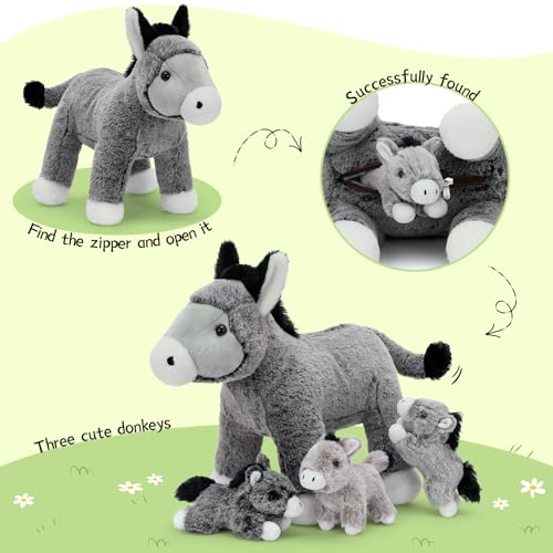 BENINY 4Pcs Donkey Stuffed Animal Plush Large Donkey Mommy 20 with 3 Babies Inside Unzip The Belly to Reveal Surprise Plush Toy Family Role Play Gift Set for Kids Boys Girls - Image 5