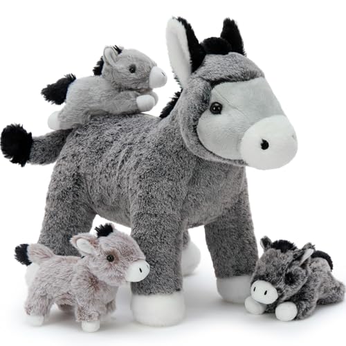 BENINY 4Pcs Donkey Stuffed Animal Plush Large Donkey Mommy 20 with 3 Babies Inside Unzip The Belly to Reveal Surprise Plush Toy Family Role Play Gift Set for Kids Boys Girls - Image 1
