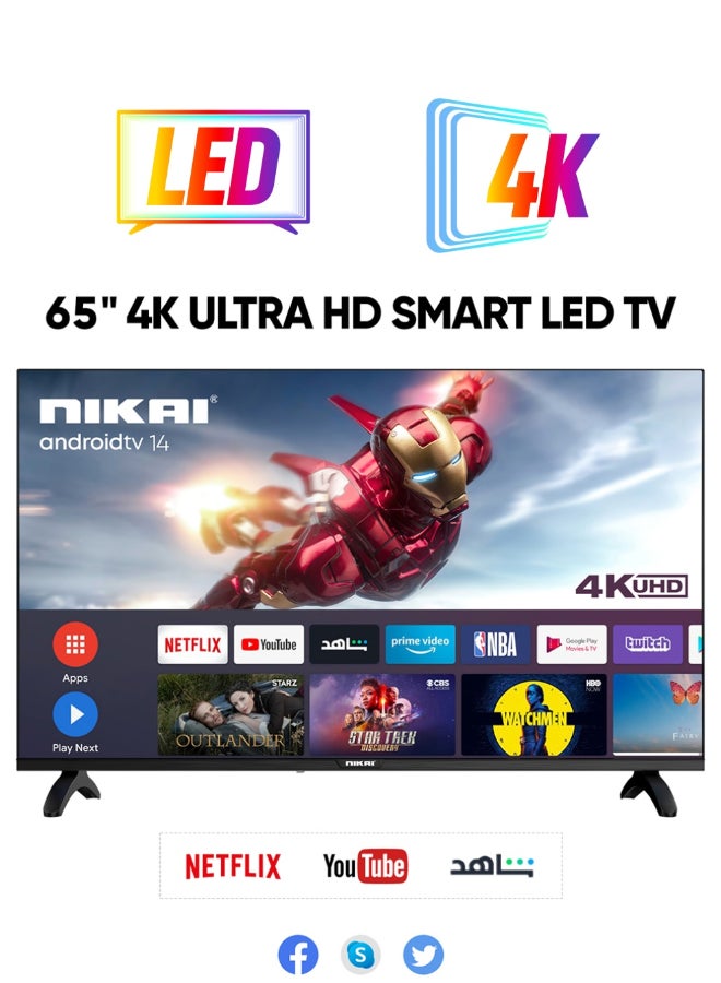 NIKAI 65-Inch 4K UHD Android Smart LED TV | Ultra HD Resolution, Built-In Apps (Netflix, YouTube, Facebook, Twitter, Skype) | 60Hz Refresh Rate, USB & HDMI Connectivity, DLNA Support UHD65SLED Black - Image 2