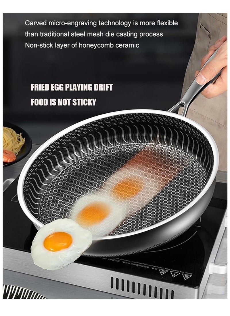 Generic - Deep heavy duty Deep fry pan vegetable fried chinese food fry pan stainless steel wok with handle non-stick frying pan honeycomb utensil safe pan without oil smoke(28cm, 304 stainless steel pot) - Image 1