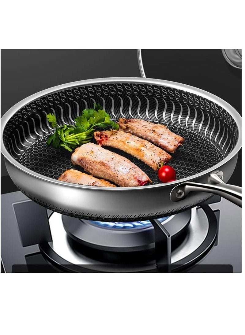 Generic - Deep heavy duty Deep fry pan vegetable fried chinese food fry pan stainless steel wok with handle non-stick frying pan honeycomb utensil safe pan without oil smoke(28cm, 304 stainless steel pot) - Image 1