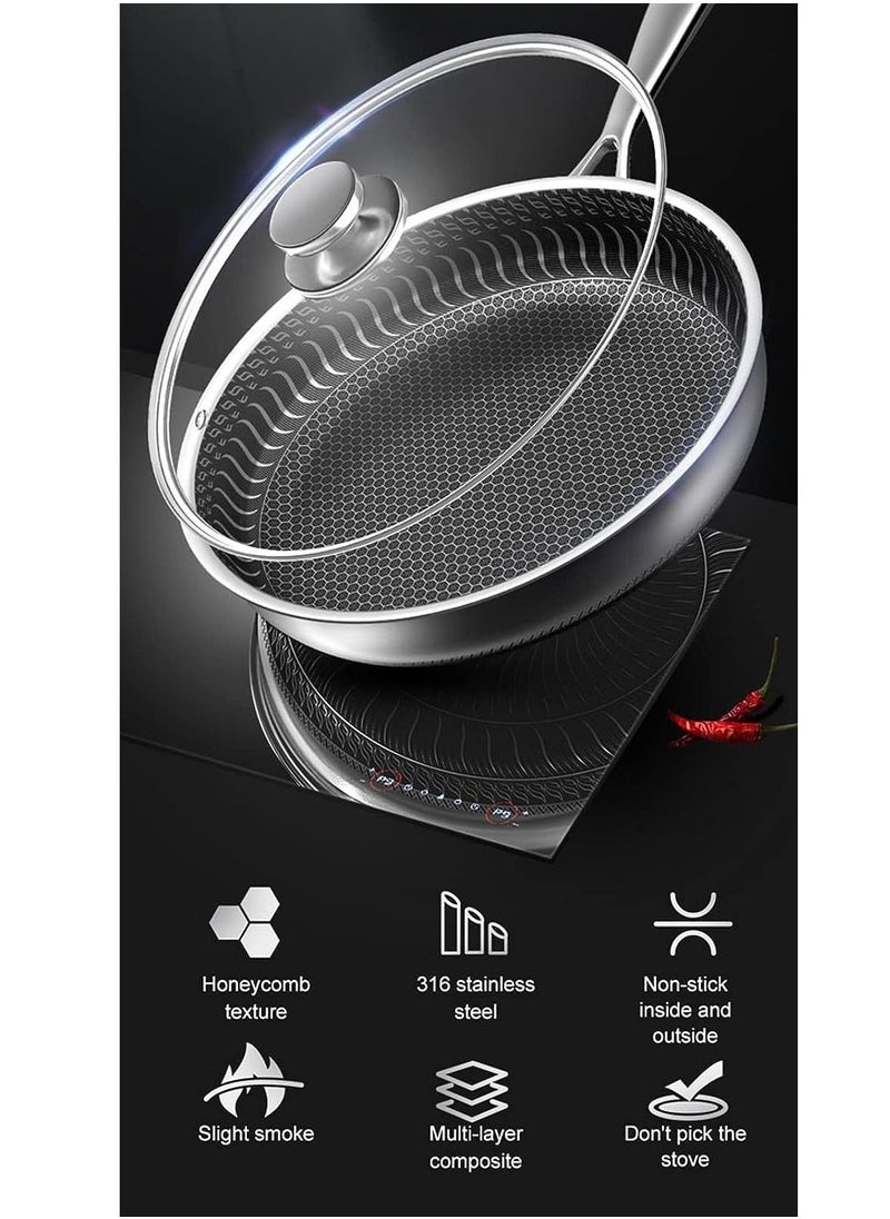 Generic - Deep heavy duty Deep fry pan vegetable fried chinese food fry pan stainless steel wok with handle non-stick frying pan honeycomb utensil safe pan without oil smoke(28cm, 304 stainless steel pot) - Image 1