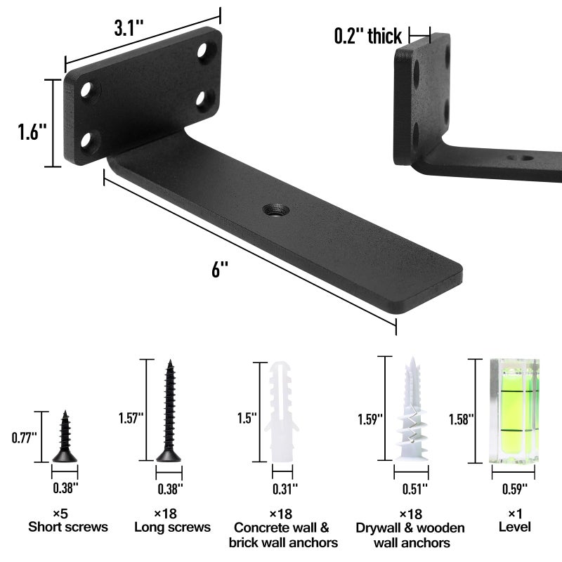 Hitomen Heavy Duty Floating Shelf Brackets  6-Inch (1/5'' Thick) Hidden Shelves Hardware  Cast Iron L Brackets  Rustic Industrial Black Metal Wall Shelving Supports  4 Pack - Image 3