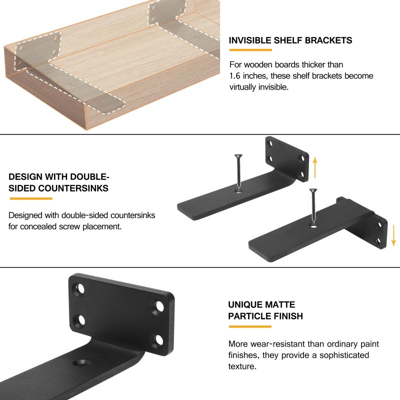 Hitomen Heavy Duty Floating Shelf Brackets  6-Inch (1/5'' Thick) Hidden Shelves Hardware  Cast Iron L Brackets  Rustic Industrial Black Metal Wall Shelving Supports  4 Pack - Image 2