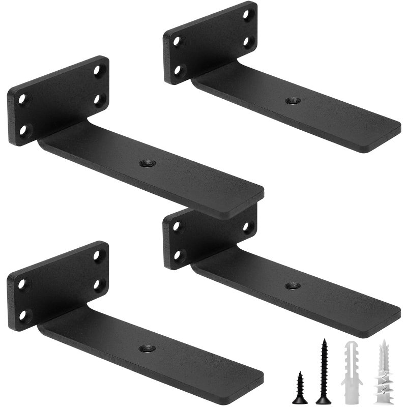Hitomen Heavy Duty Floating Shelf Brackets  6-Inch (1/5'' Thick) Hidden Shelves Hardware  Cast Iron L Brackets  Rustic Industrial Black Metal Wall Shelving Supports  4 Pack - Image 1