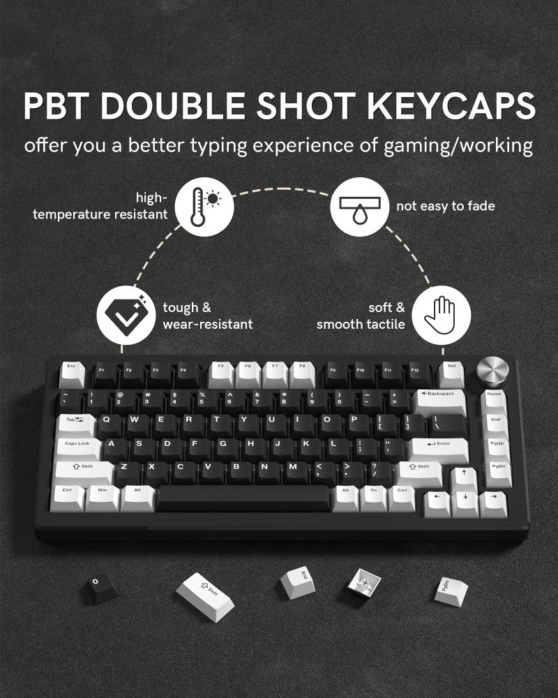 COSTOM Womier Double Shot PBT Keycaps Set 138 Keys, Cherry Profile Custom Keycaps 60 65 75 100 Percent for 61/64/68/84/87/100/104/108 Retro Gaming Mechanical Keyboard, Black White - Image 5