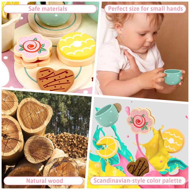 Airlab Wooden Tea Set for Little Girls Play Food Pretend Play Kitchen Accessories for 3 4 5 Years Old Girls and Boys Toddler Princess Tea Time Party Food Toys - Image 3
