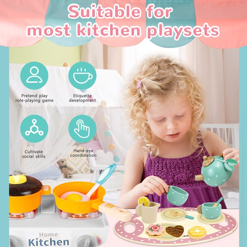 Airlab Wooden Tea Set for Little Girls Play Food Pretend Play Kitchen Accessories for 3 4 5 Years Old Girls and Boys Toddler Princess Tea Time Party Food Toys - Image 4