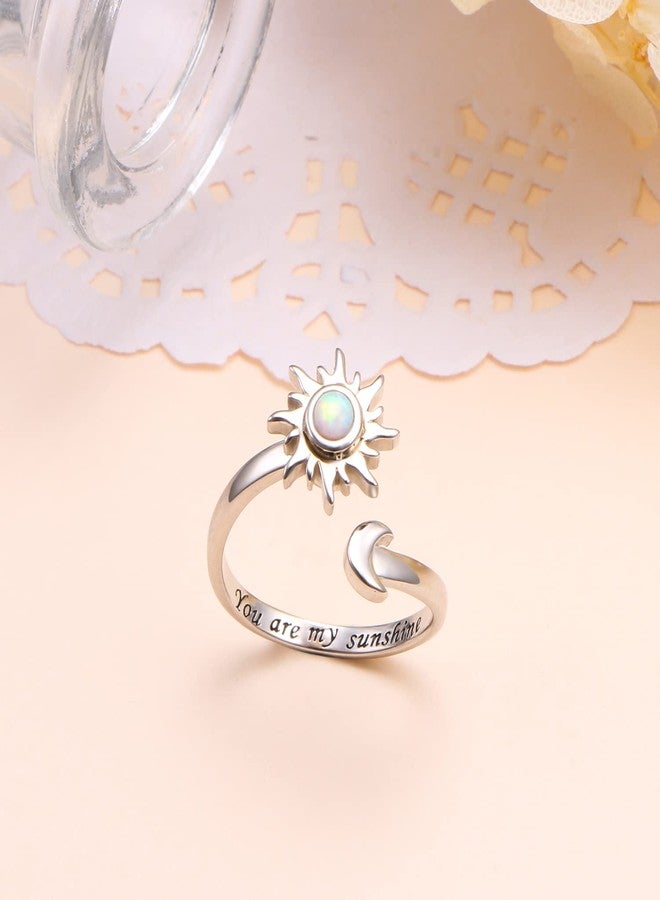 Yearace Anxiety Rings for Women S925 Sterling Silver Created Opal Sun and Moon Fidget Spinner Ring Adjustable Open End Engraved You are my Sunshine Spinner Gift for Her - Image 4