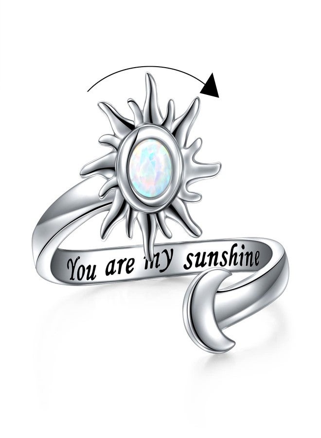 Yearace Anxiety Rings for Women S925 Sterling Silver Created Opal Sun and Moon Fidget Spinner Ring Adjustable Open End Engraved You are my Sunshine Spinner Gift for Her - Image 1