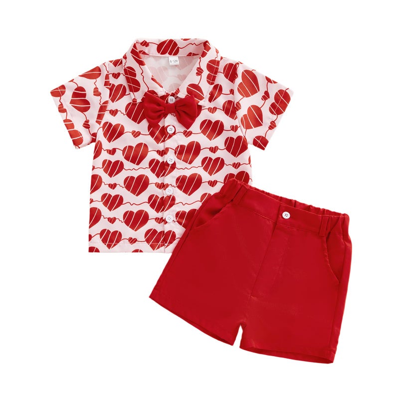 Thorn Tree Toddler Boy Valentines Day Outfit Bow Tie Short Sleeve Shirt Baby Shorts Gentleman Suit Valentines Clothes (Red, 3-4T) - Image 1