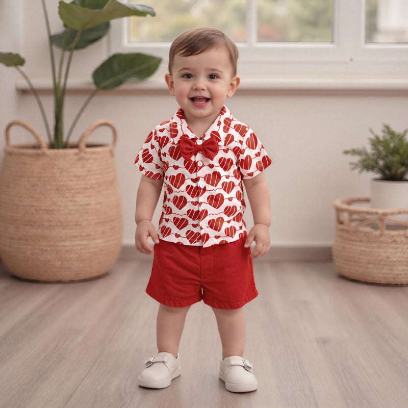Thorn Tree Toddler Boy Valentines Day Outfit Bow Tie Short Sleeve Shirt Baby Shorts Gentleman Suit Valentines Clothes (Red, 3-4T) - Image 2