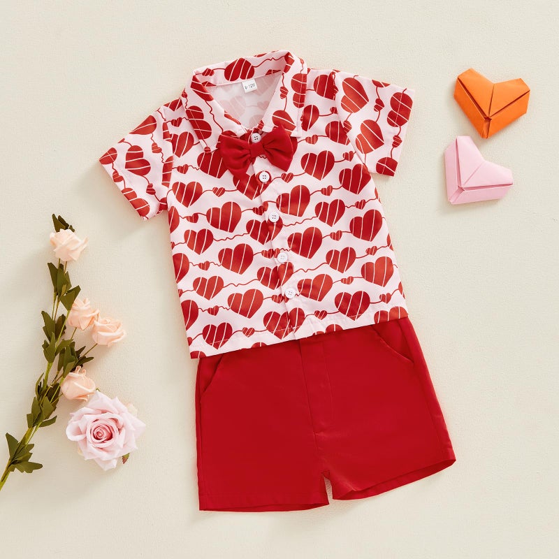 Thorn Tree Toddler Boy Valentines Day Outfit Bow Tie Short Sleeve Shirt Baby Shorts Gentleman Suit Valentines Clothes (Red, 3-4T) - Image 3