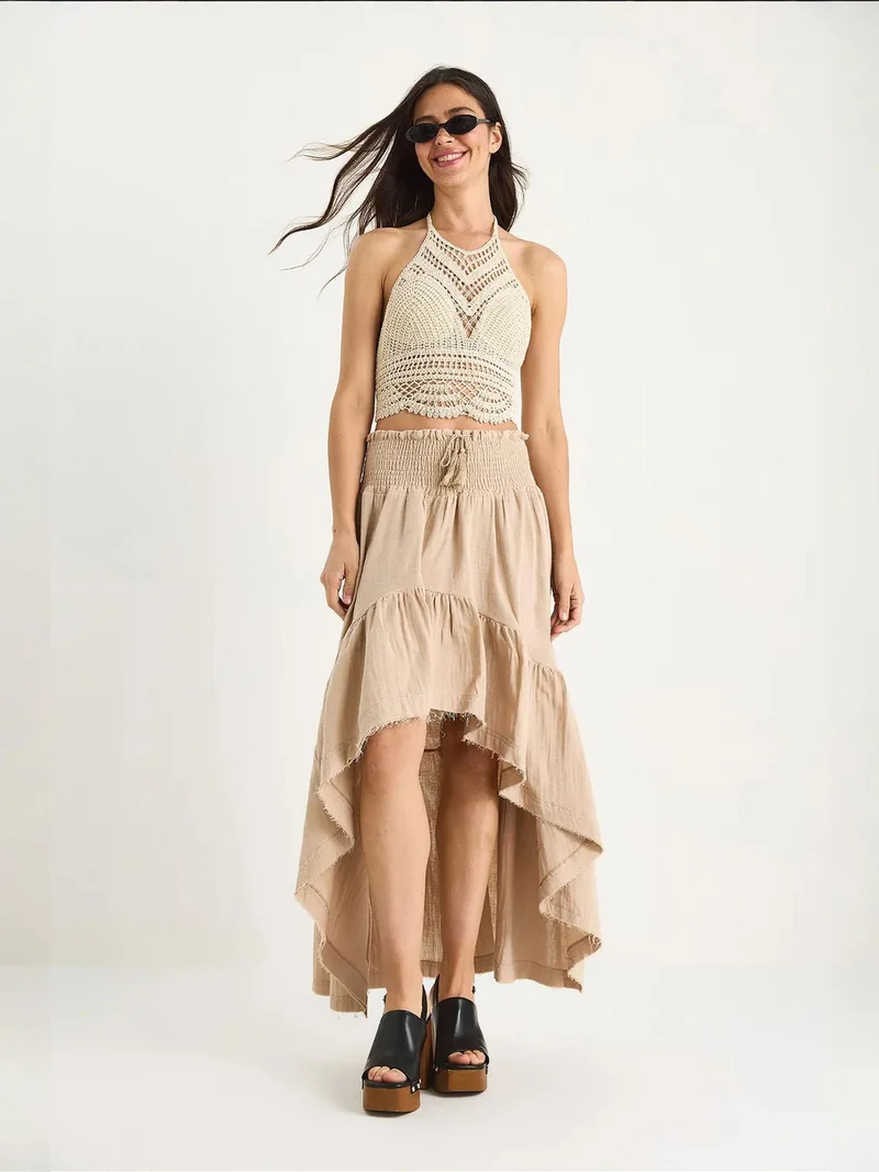 Bianco Lucci LUCCI Frilly Textured Midi Skirt with Elastic Waist
