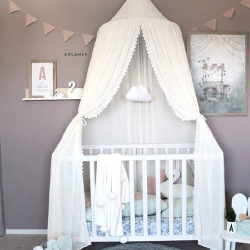 LOAOL LOAOL Kids Bed Canopy with Lace Sheer Chiffon Hanging Canopy Net for Baby Crib Nook Castle Game Tent Nursery Play Room Decor (White)  - Image 1