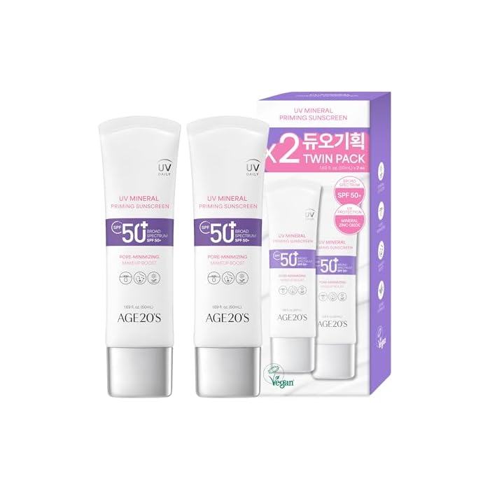 AGE20S UV Mineral Priming Sunscreen SPF 50+ | Vegan Korean Sunscreen | Pore Minimizing Makeup Boost | Lightweight Finish | Twin Pack | 1.69 fl.oz*2ea