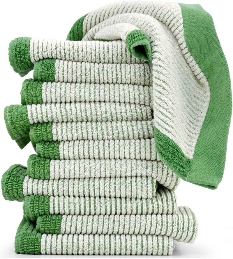 Cleanbear Wash Cloths for Showering, 12 Washcloths with Stylish Jacquard Weaved Design, Green Cotton Washcloth Set, 13 x 13 Inches - Image 1