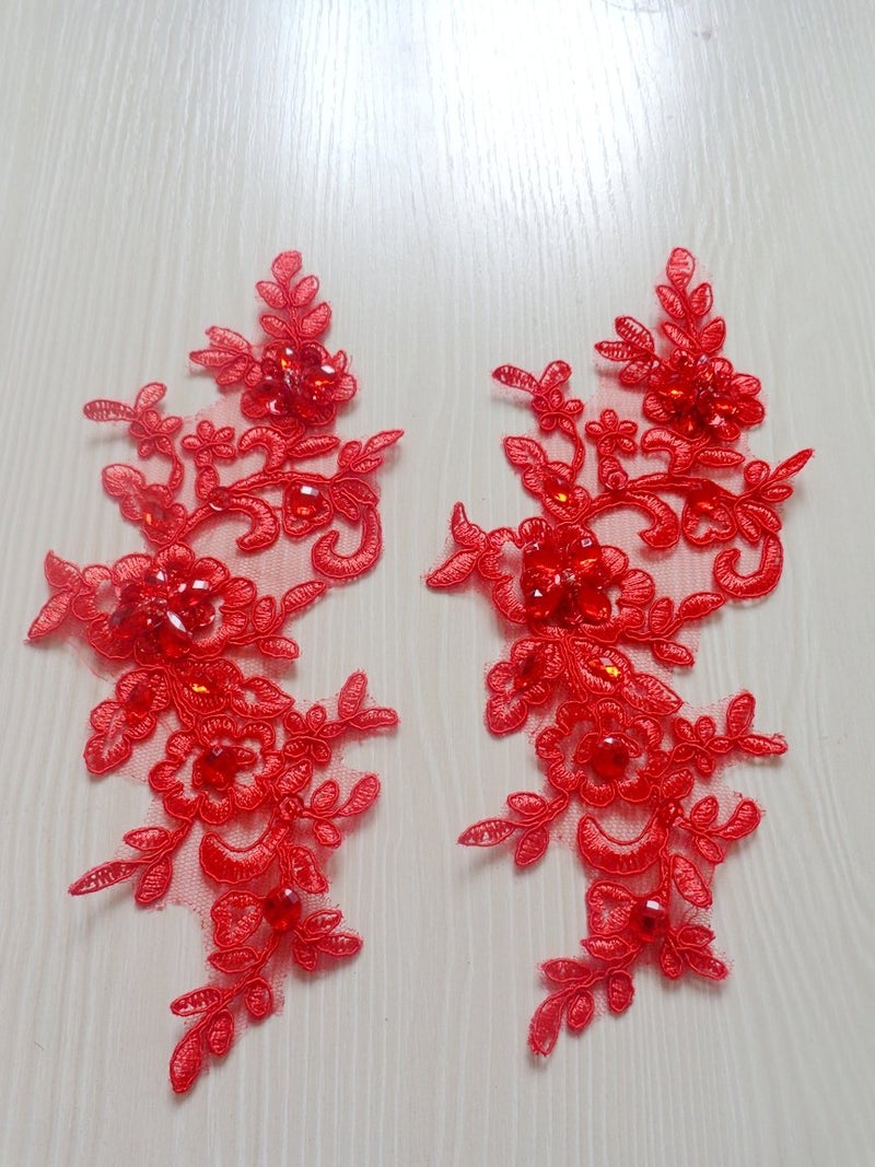 Zbroh Handmade Sew on Crystal Trim Patches Red Lace Applique with Bead Sequins Rhinestones 21x8cm for Top Dress Skirt