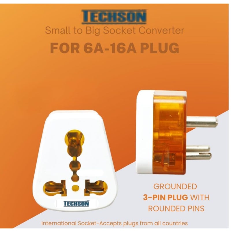 TECHSON 6amp to 16amp 3 Pin Universal Conversion Plug Converts 6A Socket to 16 A Socket for Geysers ACRefrigratorMicrowaveetc for Indian and International PlugsPack of5 - Image 5