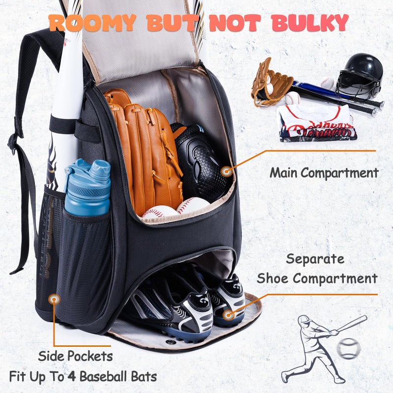 VIGEGARI Youth Baseball Bag Backpack with Bat Holder for Boys Girls Baseball & Softball Bat Bag for T-Ball Equipment, Kids Baseball Backpack with Shoe Compartment & Glove Storage - Image 3