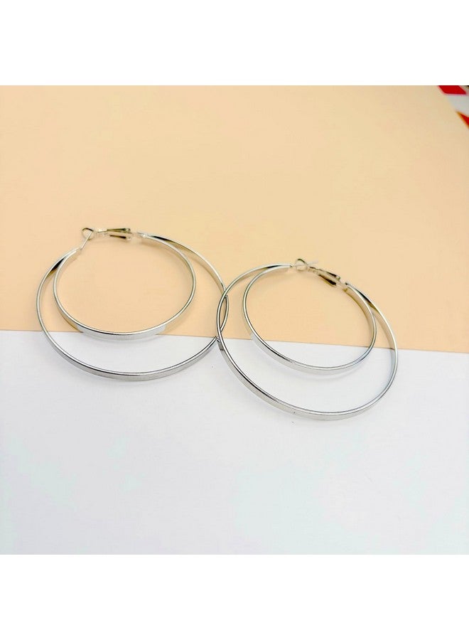 Salve Chic Double Silver-Toned Hoops Earrings for Women Fashion | Hypoallergenic Ear Accessories for Women Aesthetic Earrings for Girls Stylish | Fashion Jewellery for Women Retro Ear Tops for Girls - Image 3