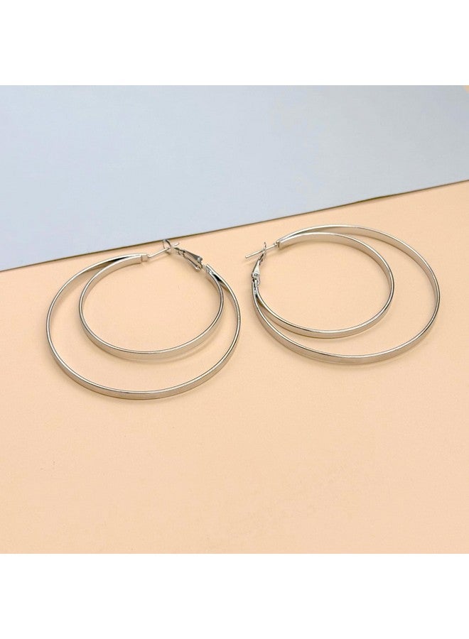 Salve Chic Double Silver-Toned Hoops Earrings for Women Fashion | Hypoallergenic Ear Accessories for Women Aesthetic Earrings for Girls Stylish | Fashion Jewellery for Women Retro Ear Tops for Girls - Image 5
