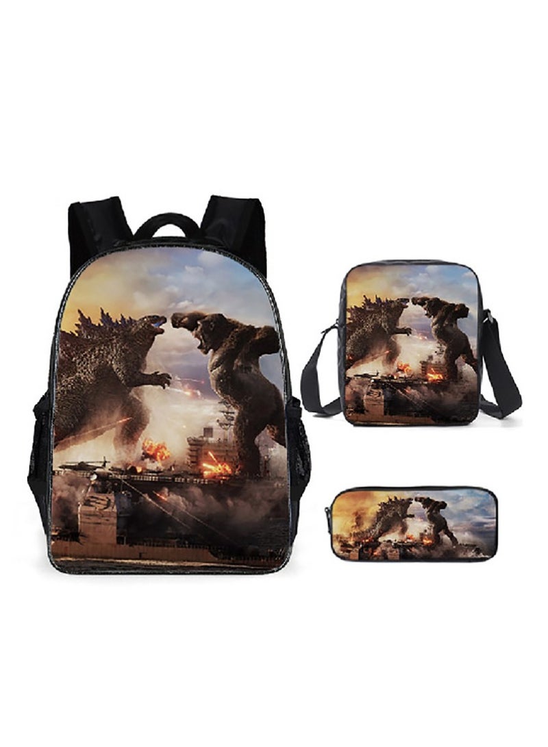 Godzilla Children's leisure load reducing large capacity printed backpack for elementary school students, 3-piece set - Image 1