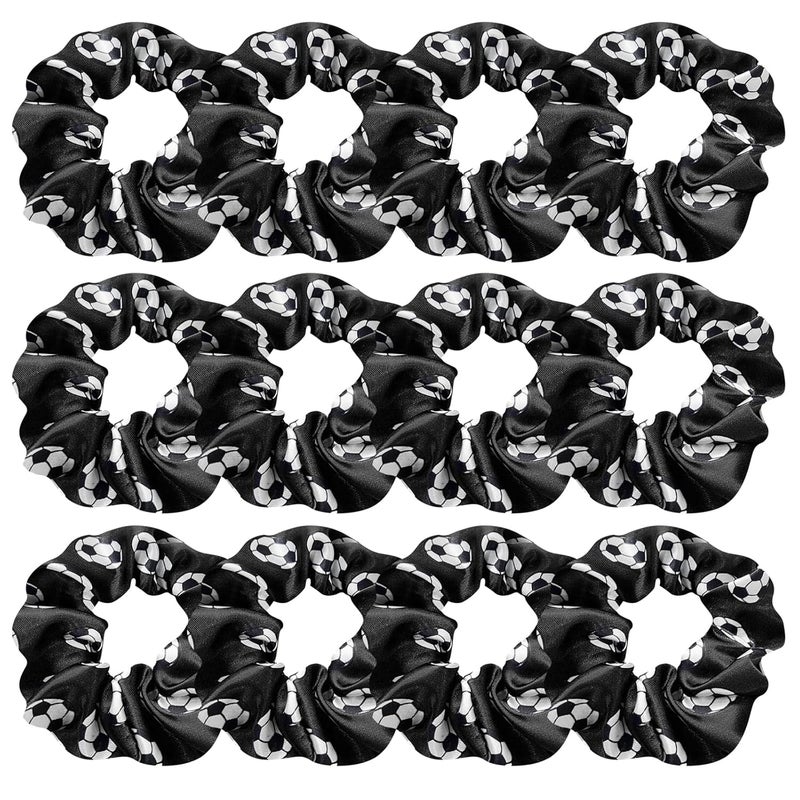 KOOMAGIC 12 Pcs Shiny Soccer Hair Scrunchies Cheer Soccer Uniforms Scrunchie School PerformanceSportsPracticePartyGymnastics Scrunchie Ponytail Holder Wrist for Girls Cosplay Show Black