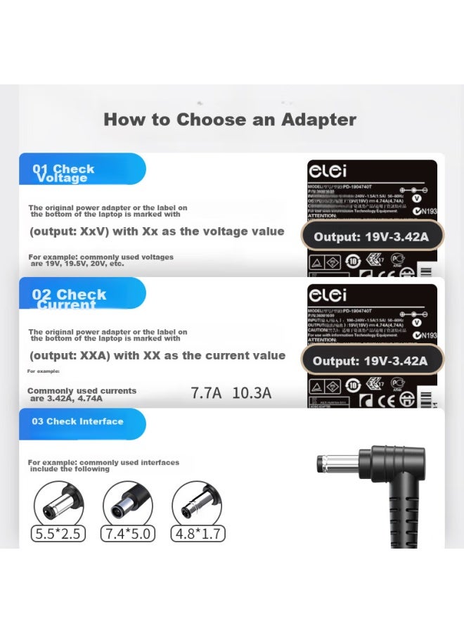 Elei Asus Power Adapter A450c V450c W518l W519l W419l Laptop Charger Cable, 19v3.42a 65w, 5.5*2.5mm Connector - Image 2