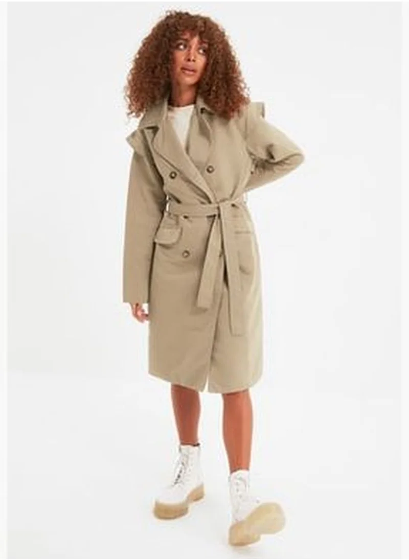 trendyol Beige Oversize Wide-Cut Belted Water-repellent Long Trench Coat TWOAW22TR0010