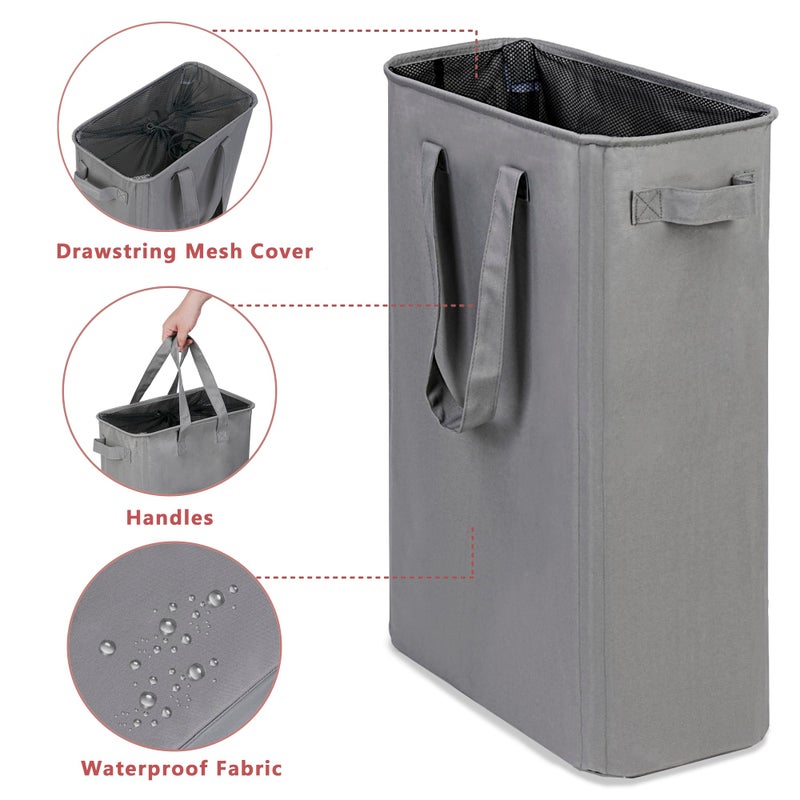 efluky Slim Laundry Basket, Narrow Laundry Hamper with Handles, Collapsible Dirty Clothes Hamper, Tall Laundry Bin for Laundry Room, Dorm and Bedroom, 12.7 Gallons(48L) Grey - Image 3