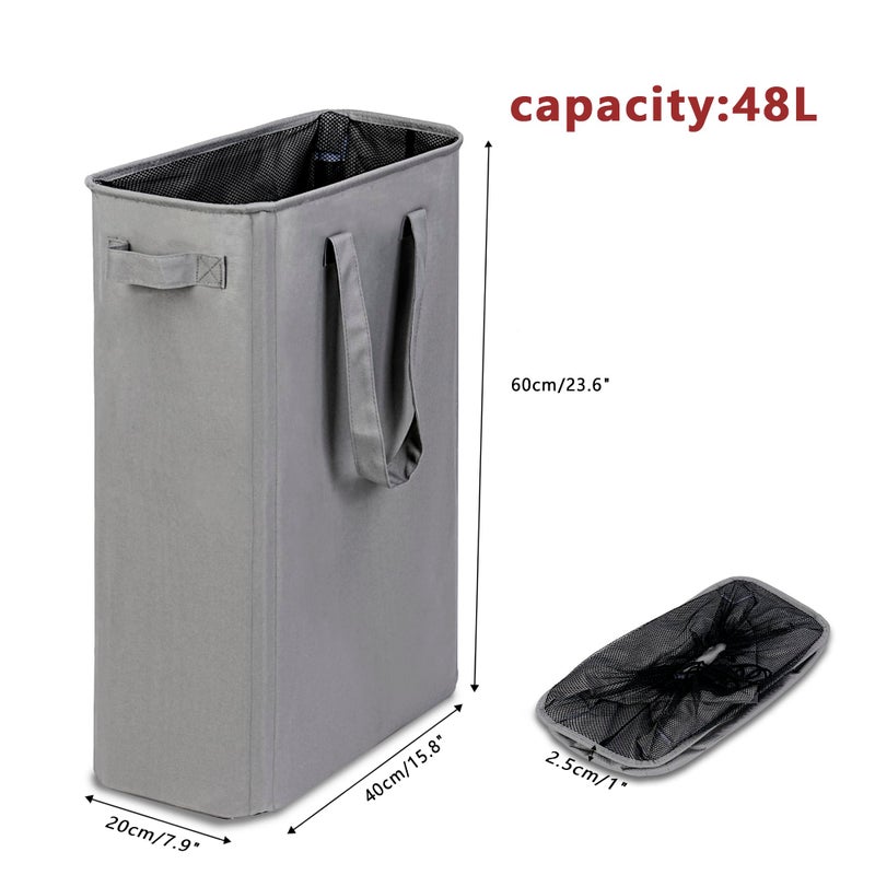 efluky Slim Laundry Basket, Narrow Laundry Hamper with Handles, Collapsible Dirty Clothes Hamper, Tall Laundry Bin for Laundry Room, Dorm and Bedroom, 12.7 Gallons(48L) Grey - Image 2