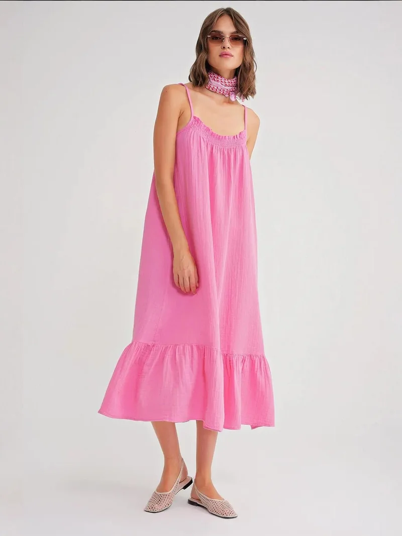 MixRay Mixray Midi Muslin Dress with Ruffle Detail