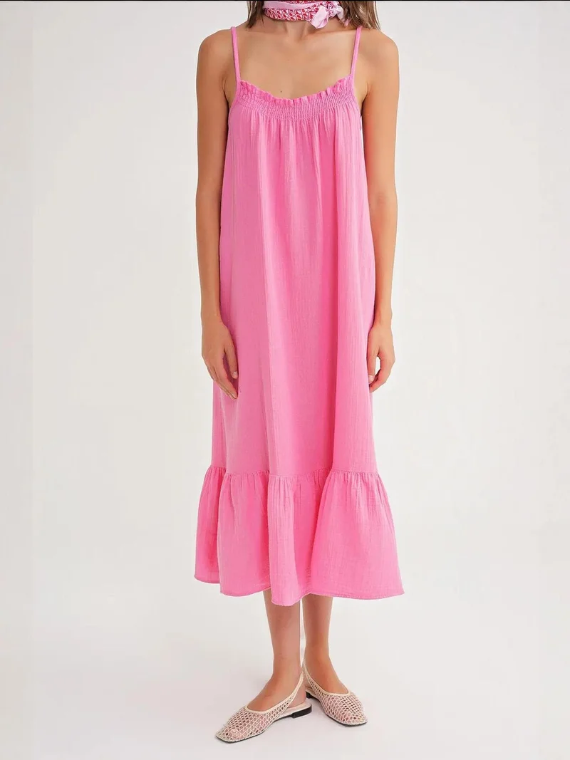 MixRay Powder Pink Mixray Midi Muslin Dress with Ruffle Detail for Women | Best Price UAE