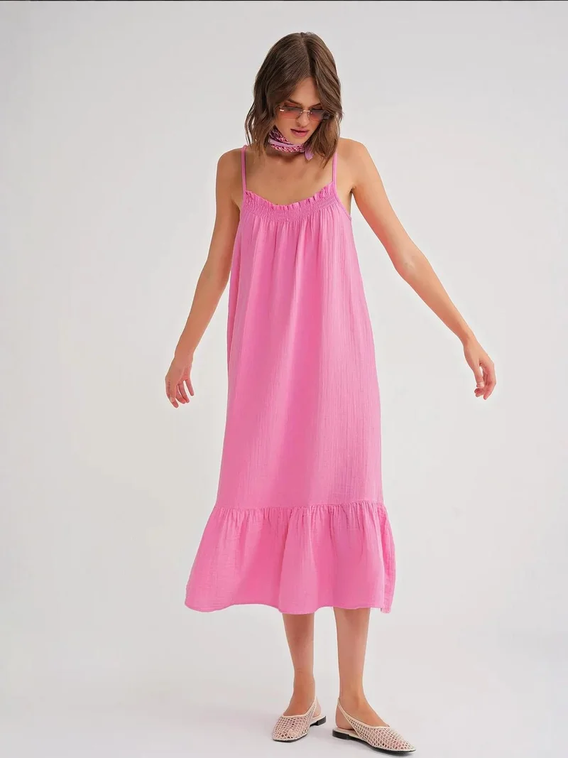 MixRay Powder Pink Mixray Midi Muslin Dress with Ruffle Detail for Women | Best Price UAE