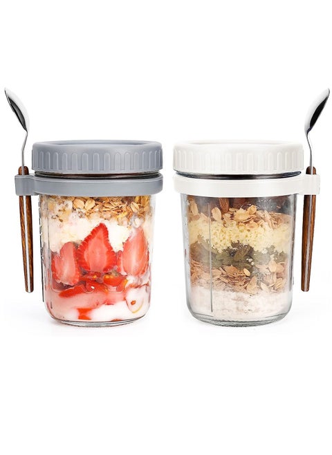 Set of 2 Large Capacity Airtight Overnight Oats Containers with Lid and Spoon with Reusable On The Go Cups for Cereal Yogurt Milk Salads Fruit