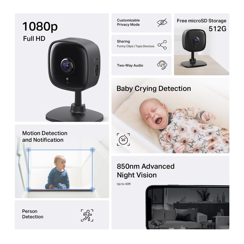 Tapo 1080P Indoor Wired Security Camera - Works as a Baby Monitor & Pet Camera, Motion Detection, 2-Way Audio, Siren, Night Vision, Subscription-Free Local Storage or Optional Cloud, C101 - Image 2