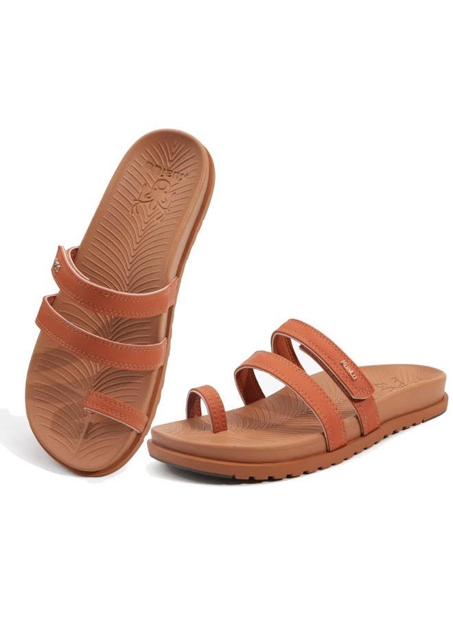 KuaiLu Womens Slides Sandals with Plantar Fasciitis Arch Support Fashion Comfort Adjustable Flat Sandals Ladies Lightweight Orthotic Slip on Sandals, Tan, 9 - Image 1
