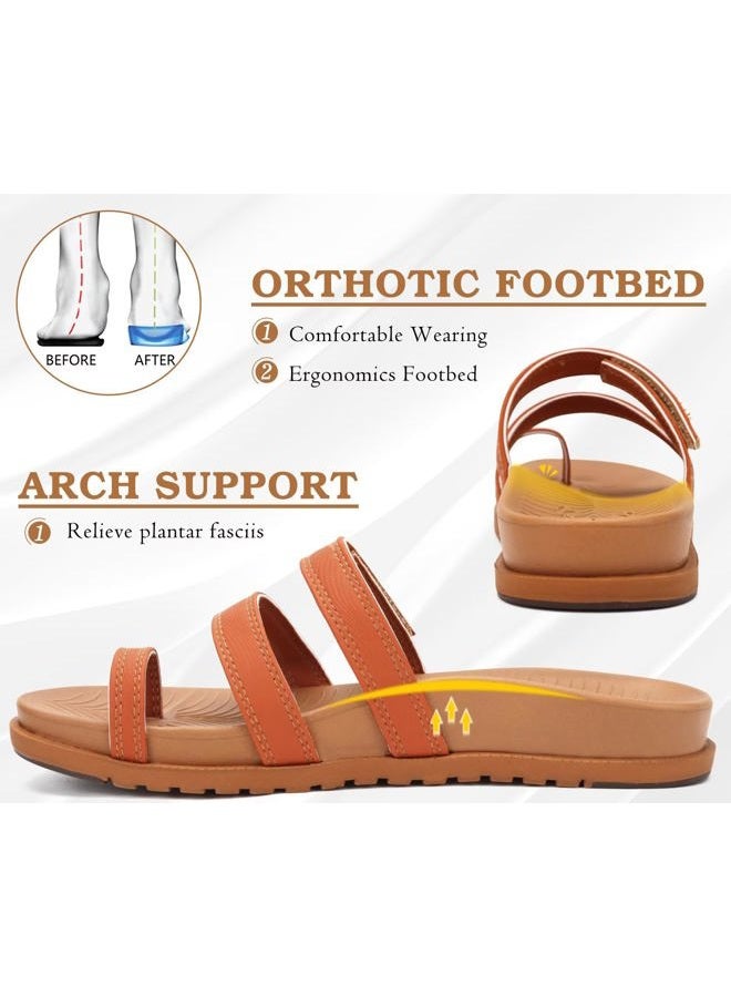 KuaiLu Womens Slides Sandals with Plantar Fasciitis Arch Support Fashion Comfort Adjustable Flat Sandals Ladies Lightweight Orthotic Slip on Sandals, Tan, 9 - Image 4