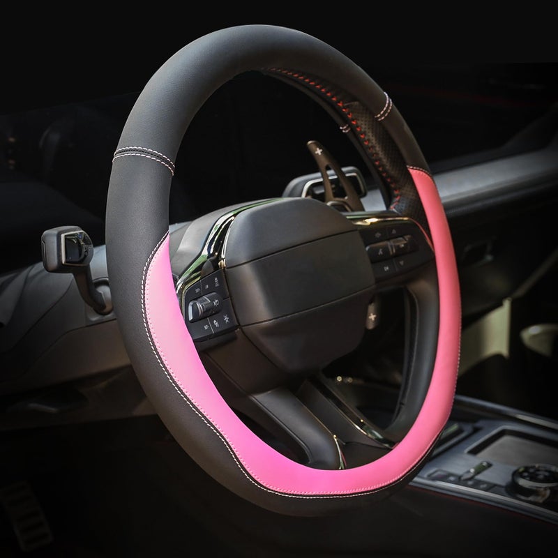 Valleycomfy غطاء عجلة القيادة من فالليكومفي مصنوع من جلد ميكروفايبر عالمي 15 بوصة باللون الوردي