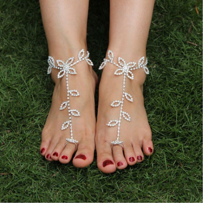 Asphire Elegant Sparkling Rhinestone Barefoot Sandals 2Pcs Bridal Beach Wedding Toe Ring Foot Chain Anklet Party Foot Slave Bracelet Accessories for Women (Silver E) - Image 4