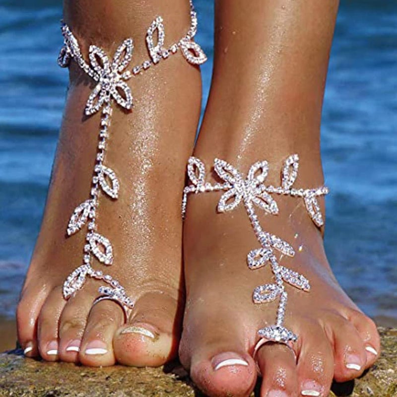 Asphire Elegant Sparkling Rhinestone Barefoot Sandals 2Pcs Bridal Beach Wedding Toe Ring Foot Chain Anklet Party Foot Slave Bracelet Accessories for Women (Silver E) - Image 3