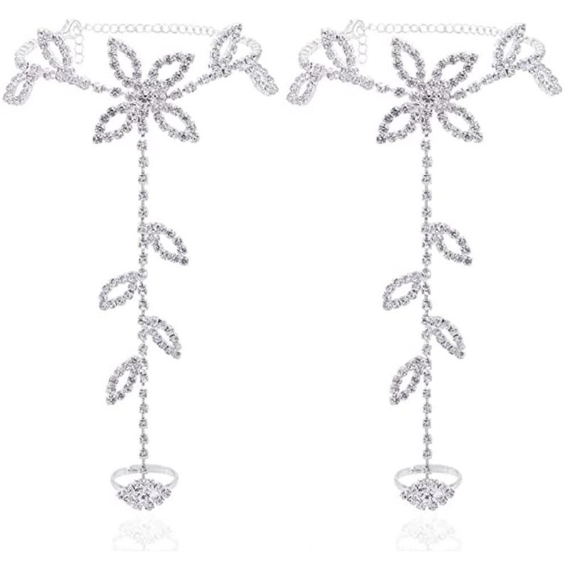 Asphire Elegant Sparkling Rhinestone Barefoot Sandals 2Pcs Bridal Beach Wedding Toe Ring Foot Chain Anklet Party Foot Slave Bracelet Accessories for Women (Silver E) - Image 1
